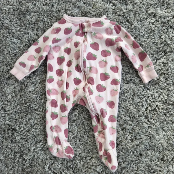 Baby Girl Pajama Bundle 0-3 Months Pink Blue Zip Up Flower, Cherry Strawberry - Picture 3 of 5